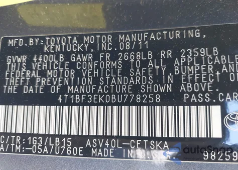 2011 Toyota Camry Se from USA, damaged, VIN 4T1BF3EK0BU778258